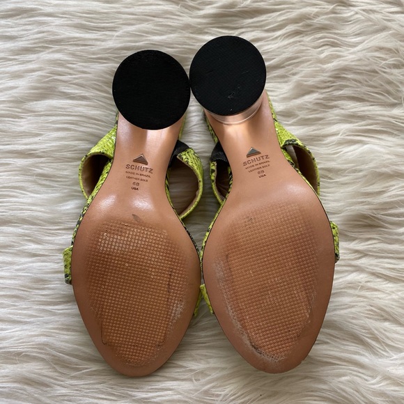 Schutz Neon Yellow Snake Print Leather Open Toe Heels - Picture 6 of 9